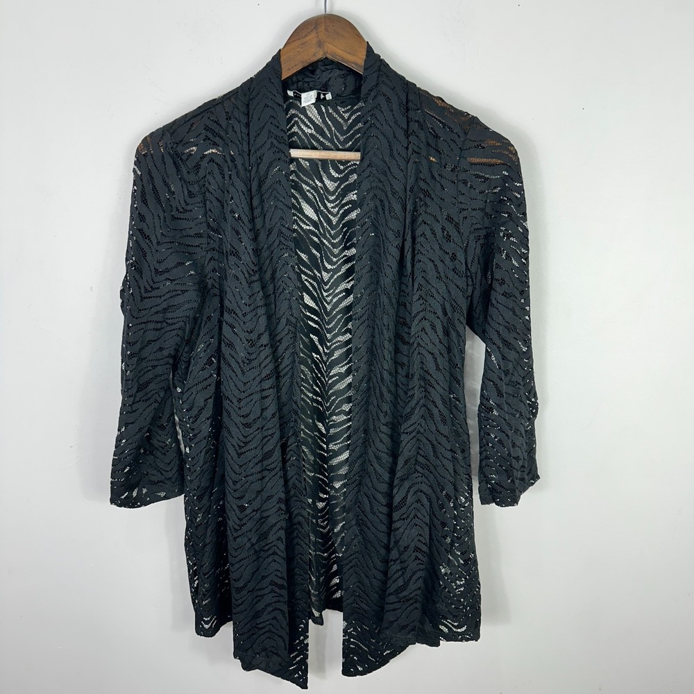 Susan Graver Cardigan Womens XS Black Lace Zebra Open Front‎ Draped Layering Top